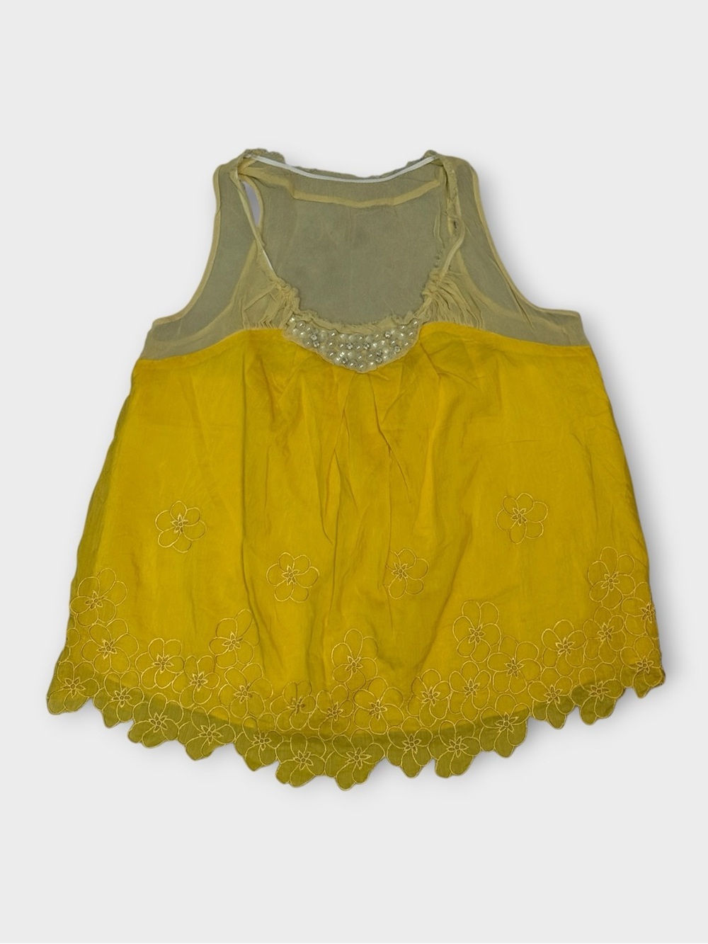 Old Forever 21 Yellow Embroidered Babydoll Tank Floral Scallop Hem Boho S